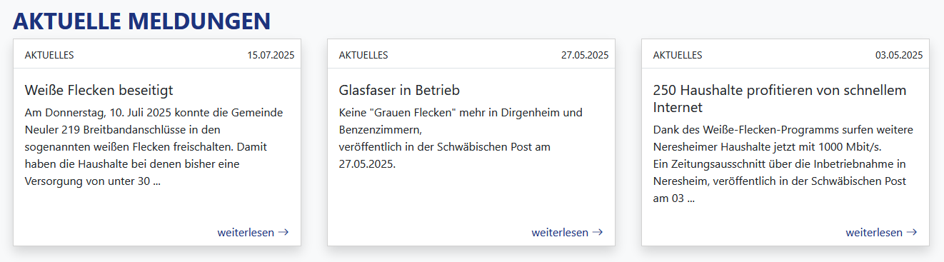 Aktuelle Meldungen auf der Startseite Abbildung der Neuigkeiten